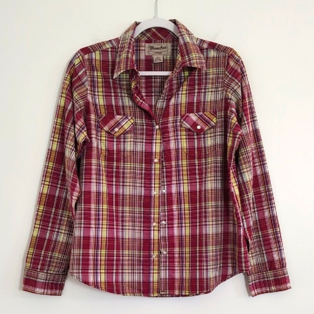 Wrangler Pearl Snap Button Down Burgundy & Yellow Long Sleeve Shirt/Size L